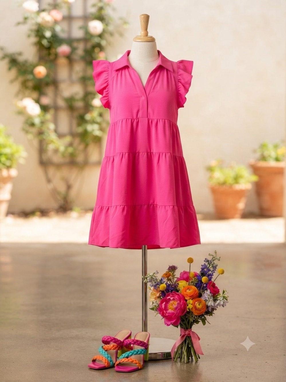 Hot pink umge tiered dress with cap sleeves.